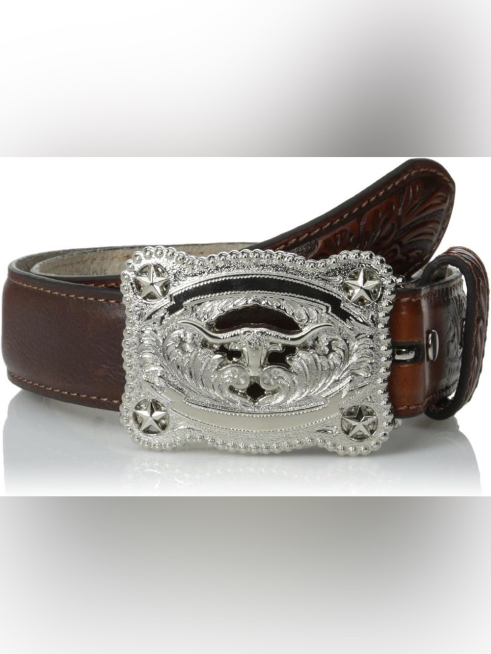 NWOT Nocona Boys Tooled Leather Longhorn Belt Western Brown Silver Buckle